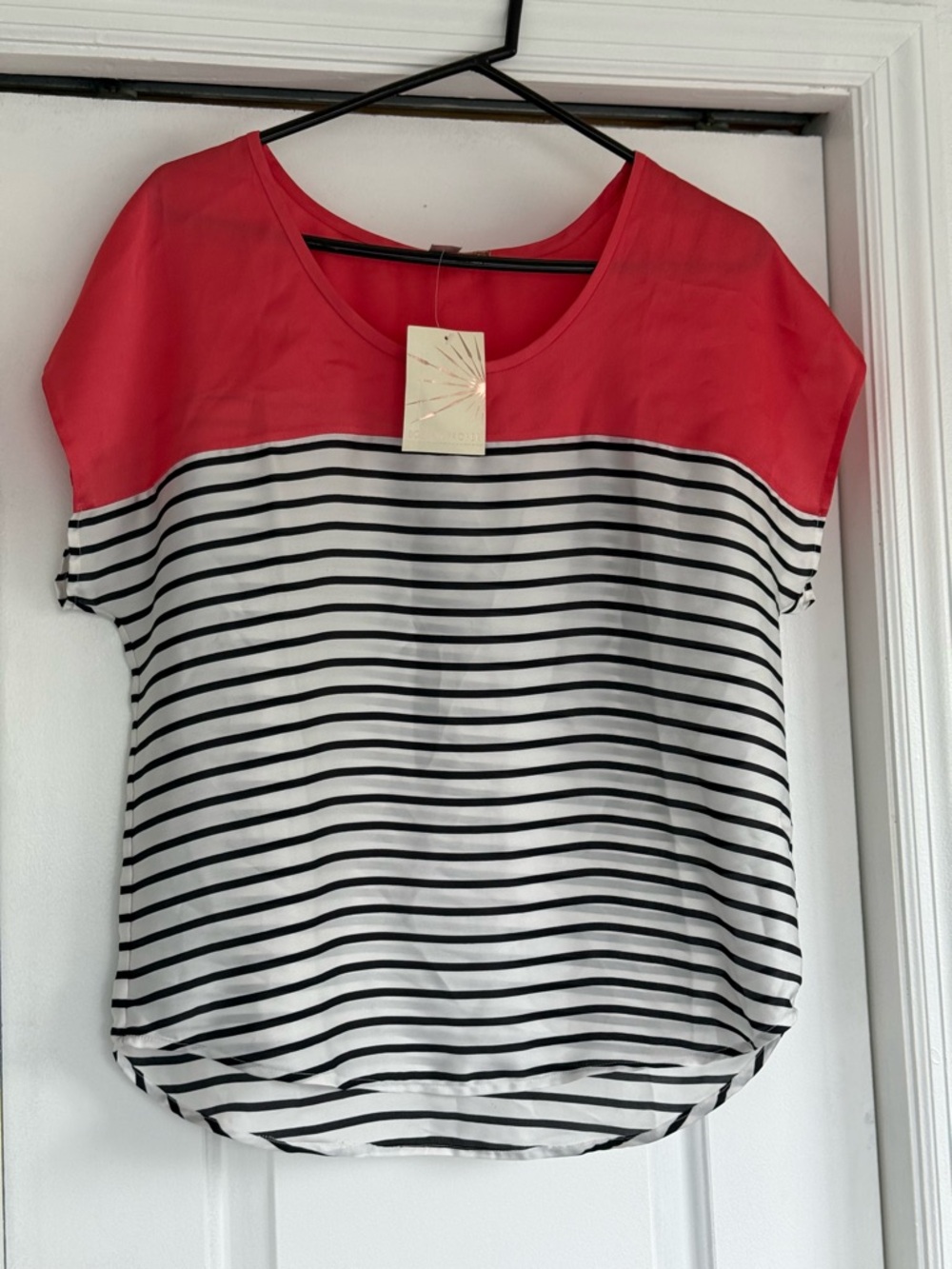 Boston Proper Coral Yoke Black & White Striped Short Sleeve Top